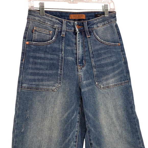 Judy Blue Denim - Judy Blue Women 27 / 5 Wide Crop Denim Jeans Blue Whiskering Patch Pockets